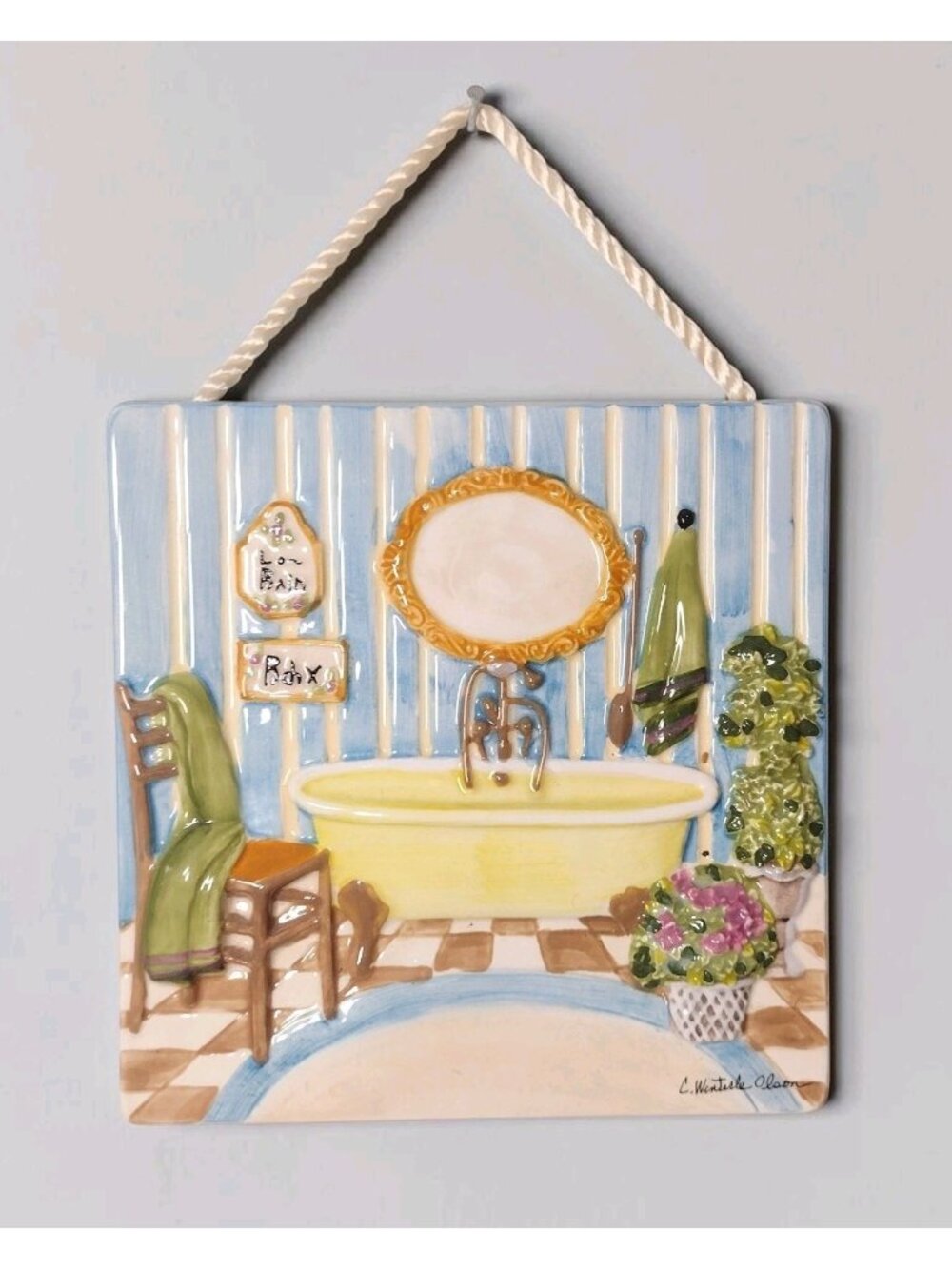 Vintage C Winterle Olson Ceramic Bathroom Wall Plaque Decor 8 x 8 Raised Relief